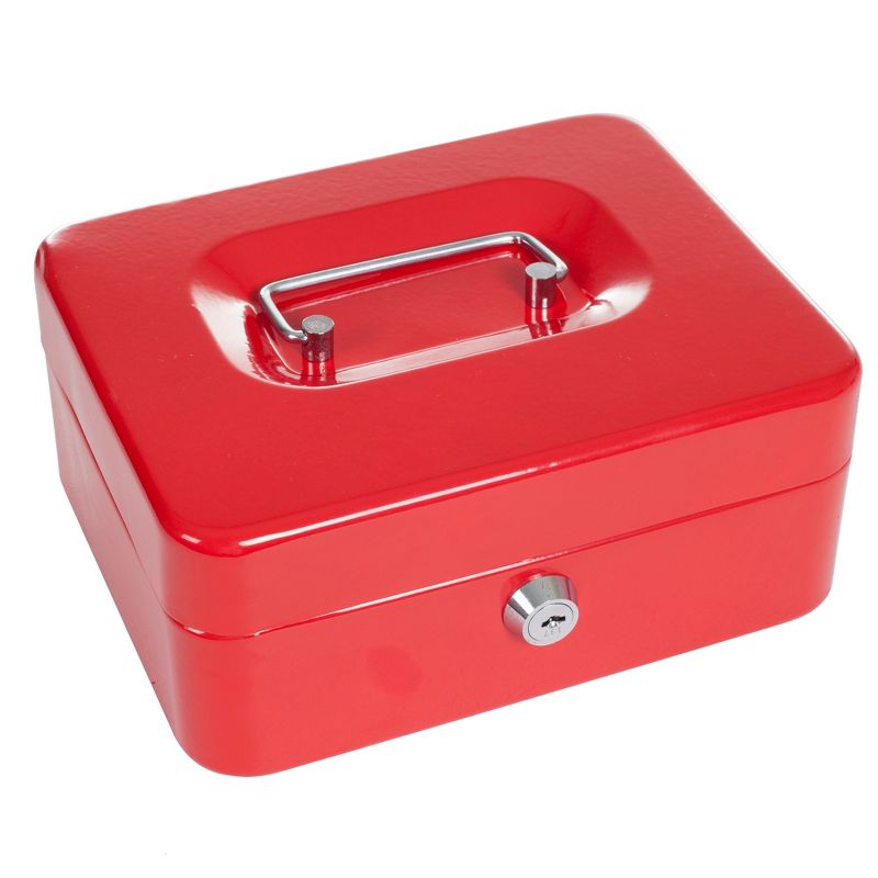 Lockbox Safe with Coin Compartment Tray- Secure and Organize Small Valuables in Key Locked Durable Powder Coated Metal Cash Box Safe- Red by Stalwart, 2 of 4