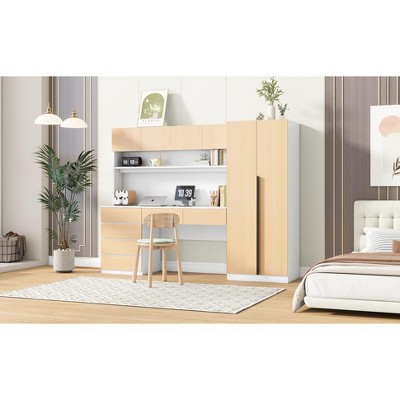 TIRAMISUBEST Farmhouse Wardrobe Desk - 2-Door Solid Wood, Locking Wheels, Adjustable (90"W x 68"H)