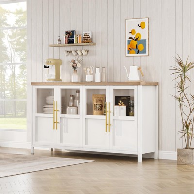 55" Large Buffet Sideboard Cabinet with 4 Glass Doors and Shelves, Modern Farmhouse Storage Cabinet Table