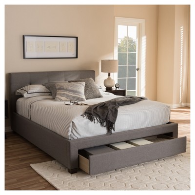 Grey Upholstered Queen Platform Bed with Storage Drawer