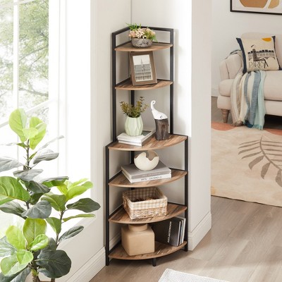 KTMBDW 6-Tier Corner Open Shelf Modern Bookcase Wood Rack Shelving Unit,Plant Album Trinket Stand Small Bookshelf for Living Room Home Office, Brown