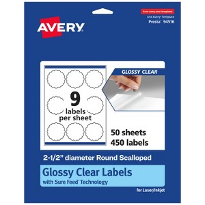 Avery Glossy Clear Round Scalloped Labels with Sure Feed, 2.5" diameter - 1 of 4