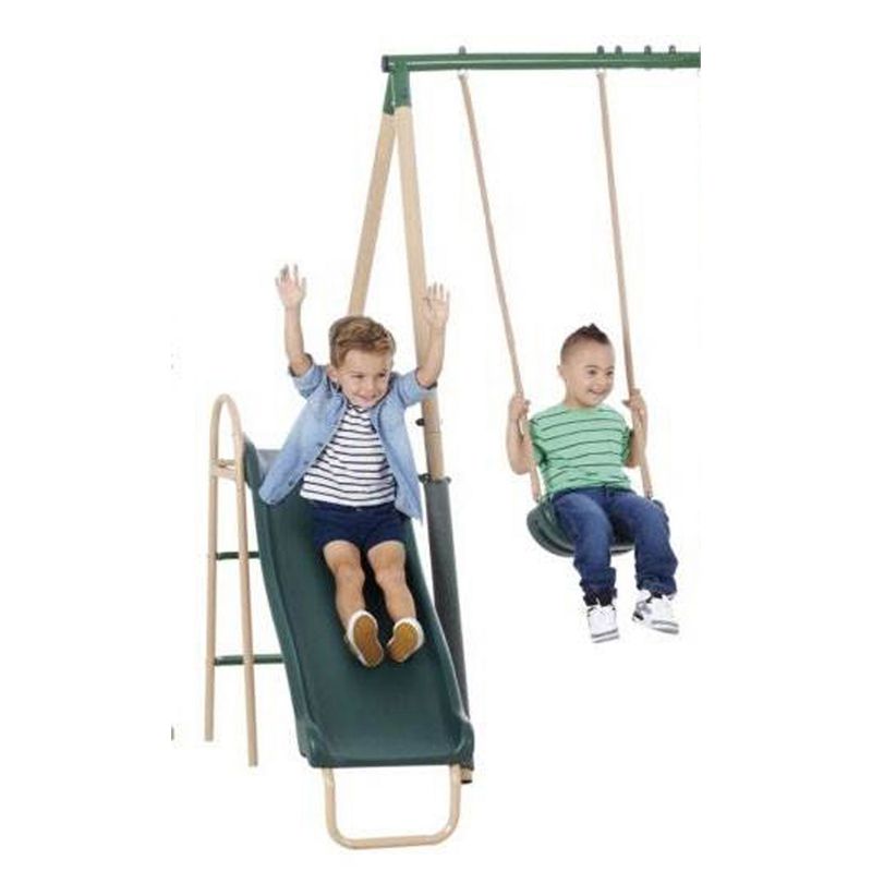 XDP Recreation Central Park Swing Set, 6 Child Capacity, Backyard Playset with Slide, Trapeze Swing, Fun-Glider, and 2 Traditional Swing Seats, Green, 5 of 7