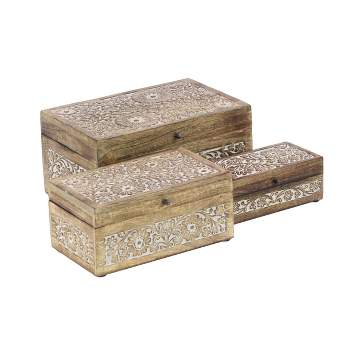Set of 3 Mango Wood Carved Floral Boxes - Olivia & May