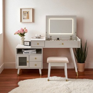 3-in-1 Vanity Desk with Lighted Flip-Top Mirror & Adjustable Cabinet, Makeup Dressing Table with Stool, Dresser with Drawers for Bedroom - 1 of 4