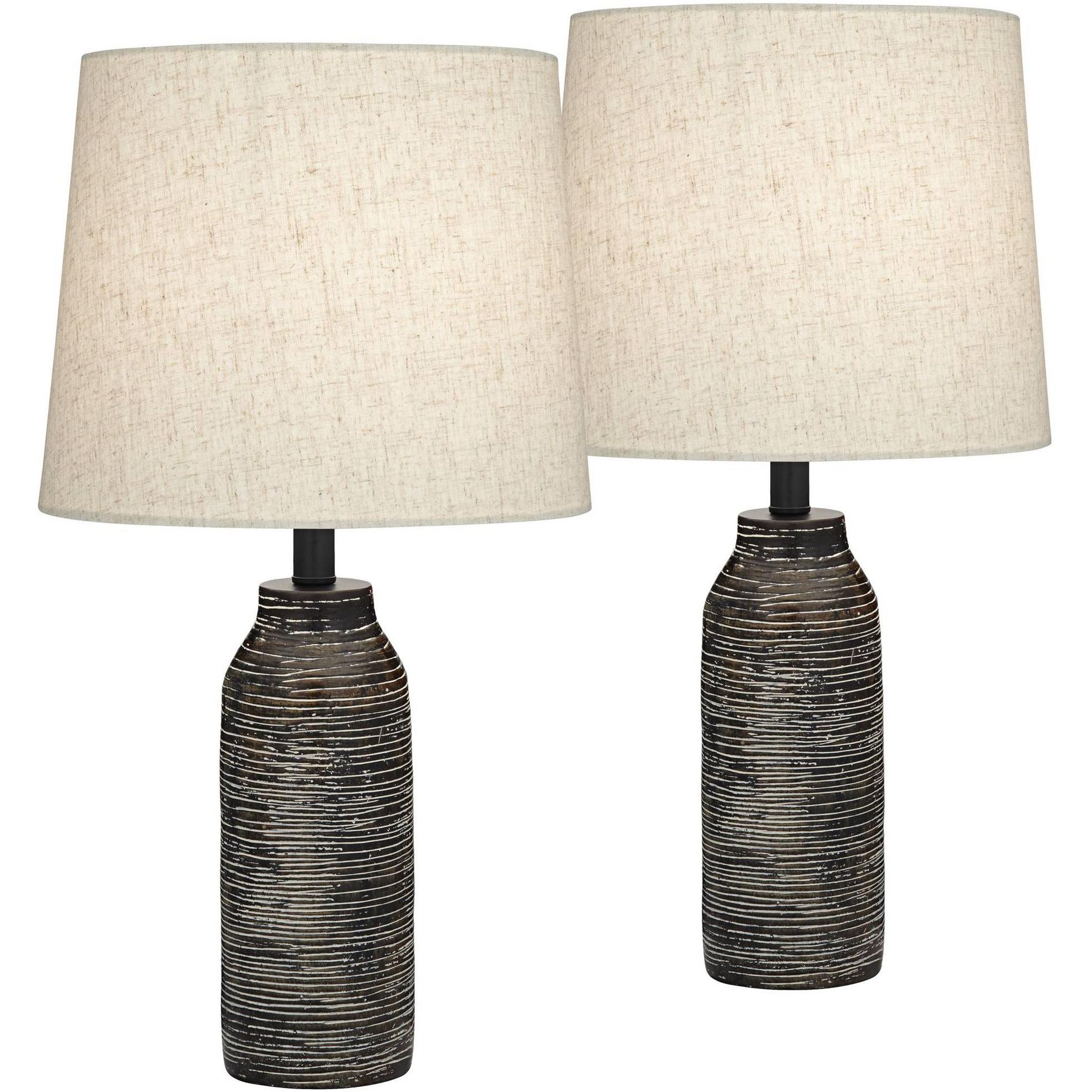 360 Lighting 24" High Mid Century Modern Farmhouse Rustic Table Lamps Set of 2 Black Finish Oatmeal Shade Living Room Bedroom Bedside Nightstand House