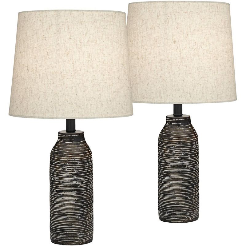 360 Lighting 24" High Mid Century Modern Farmhouse Rustic Table Lamps Set of 2 Black Finish Oatmeal Shade Living Room Bedroom Bedside Nightstand House, 1 of 9