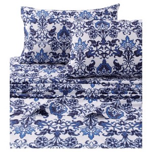 Catalina Deep Pocket Percale Sheet Set (Twin) White & Blue 300 Thread Count - Tribeca Living