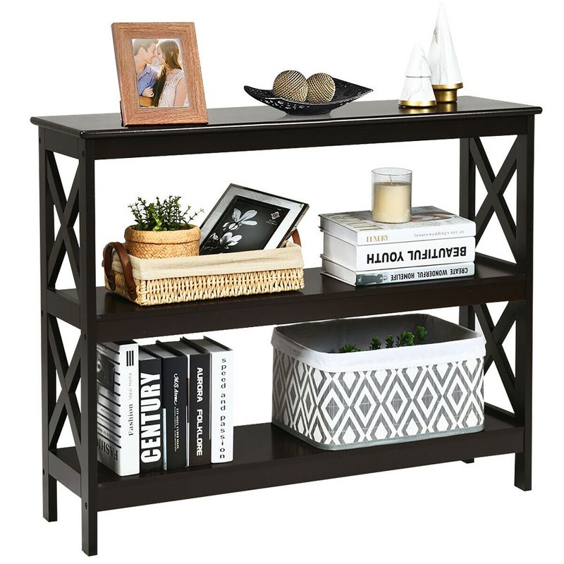 Costway 3-Tier Console Table x-Design Bookshelf Sofa Side Accent Table w/Shelf Espresso\Black, 5 of 11
