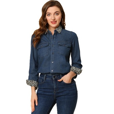 Allegra K Women's Leopard Print Long Sleeve Denim Jacket