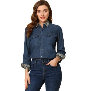 Allegra K Women's Leopard Print Long Sleeve Denim Jacket - 1 of 4
