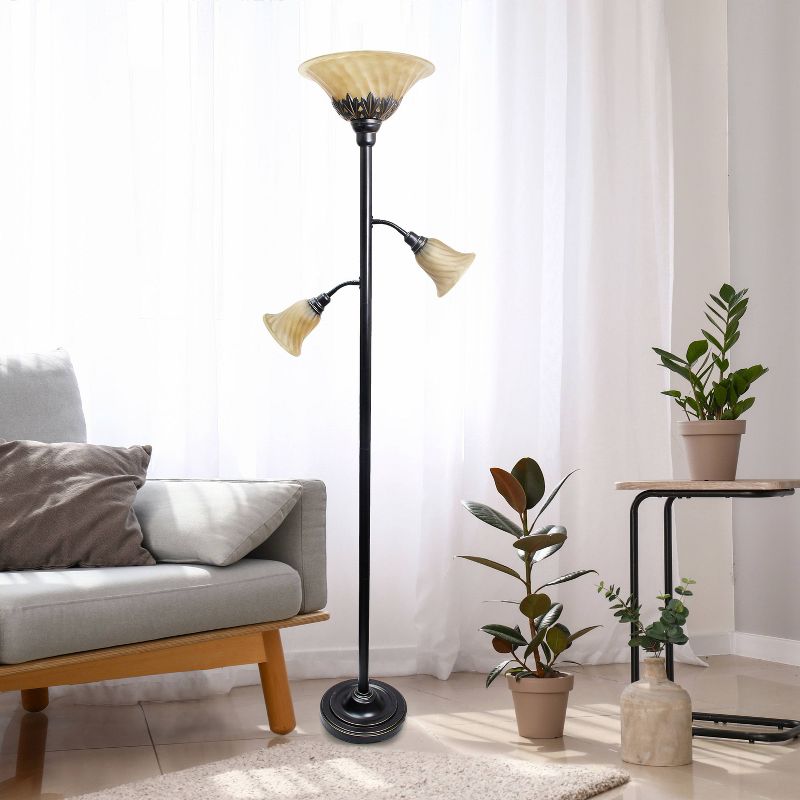 Torchiere Floor Lamp with 2 Reading Lights and Scalloped Glass Shades - Lalia Home, 4 of 8