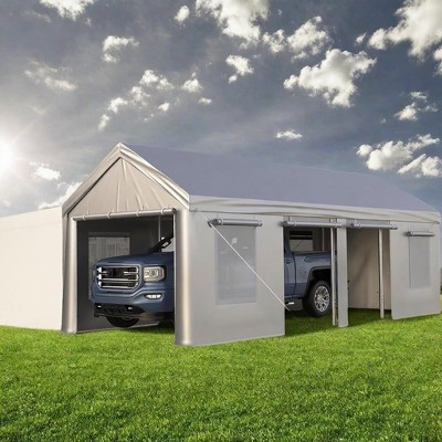 13x25 FT Heavy Duty Portable Carport Garage, Reinforced Steel Frame, UV Resistant PE Cover, 6 Roll-Up Doors, 4 Windows, All-Weather Shelter