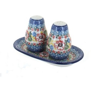 Blue Rose Polish Pottery 131 Ceramika Artystyczna Salt & Pepper Shakers with Tray - 1 of 2