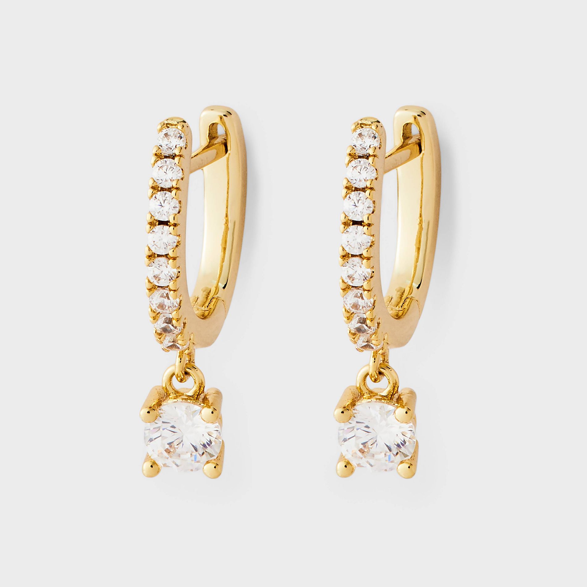14K Gold Plated & Cubic Zirconia Pave with Stud Dangle Huggie Hoop Earrings - A New Day™ Gold