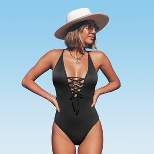 Women's V Neck Lace Up One Piece Swimsuit - Cupshe