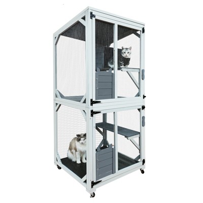 LOVMOR Wooden Catio Outdoo Cat Enclosure on Wheels, Kitty Condo Cage Shelter Playpen w/ Sliding Doors, Platforms & Weatherproof Asphalt Roof