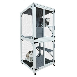 LOVMOR Wooden Catio Outdoo Cat Enclosure on Wheels, Kitty Condo Cage Shelter Playpen w/ Sliding Doors, Platforms & Weatherproof Asphalt Roof - 1 of 4