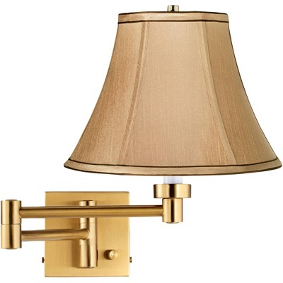 Barnes and Ivy Modern Swing Arm Wall Lamp Warm Antique Brass Plug-In Light Fixture Tan Fabric Bell Shade Bedroom Bedside Reading