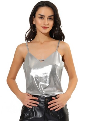 Allegra K Women's Metallic Shiny Party Deep V Neck Spaghetti Straps Cami Tops
