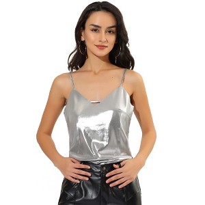 Allegra K Women's Metallic Shiny Party Deep V Neck Spaghetti Straps Cami Tops - 1 of 4
