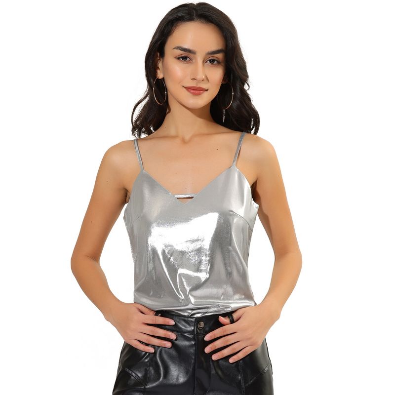 Allegra K Women's Metallic Shiny Party Deep-V Cut-Out Adjustable Straps Camisole Tank Top, 1 of 8