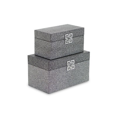 Cheung's Galena Set of 2 Double Happiness Shagreen Boxes - Dark Silver