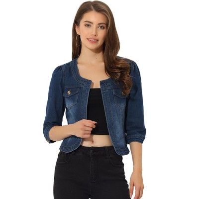 INSPIRE CHIC Women's Collarless Pockets 3/4 Sleeve Denim Jackets