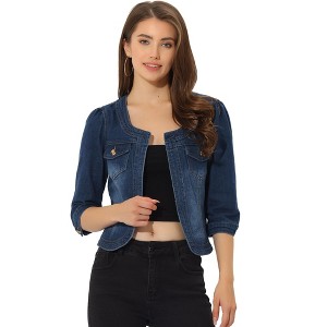 INSPIRE CHIC Women's Collarless Pockets 3/4 Sleeve Denim Jackets - 1 of 4