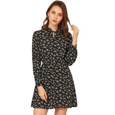 INSPIRE CHIC Women's Floral Ruffle Tie Neck Puff Sleeves Vintage Dress