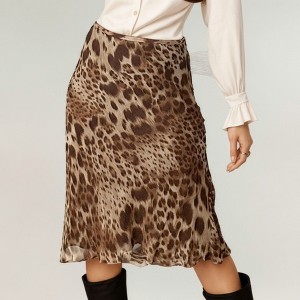 Anna-Kaci Women's Leopard Print Satin Midi Skirt with Bias Cut Silhouette and Smooth Draped Finish - 1 of 4