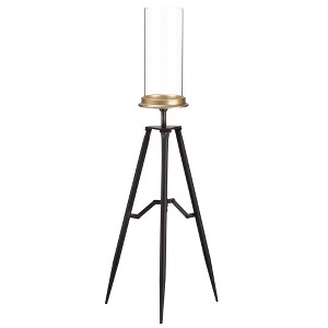 Allstate Floral 30.75" Black and Gold Hurricane Glass Candle Holder with Foldable Metal Stand - 1 of 1