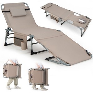 Gymax Outdoor Folding Chaise Lounge Chair 5-position Lounge Chair w/ Adjustable Footrest Face Hole Storage Pocket Portable Recliner Blue/Beige - 1 of 4