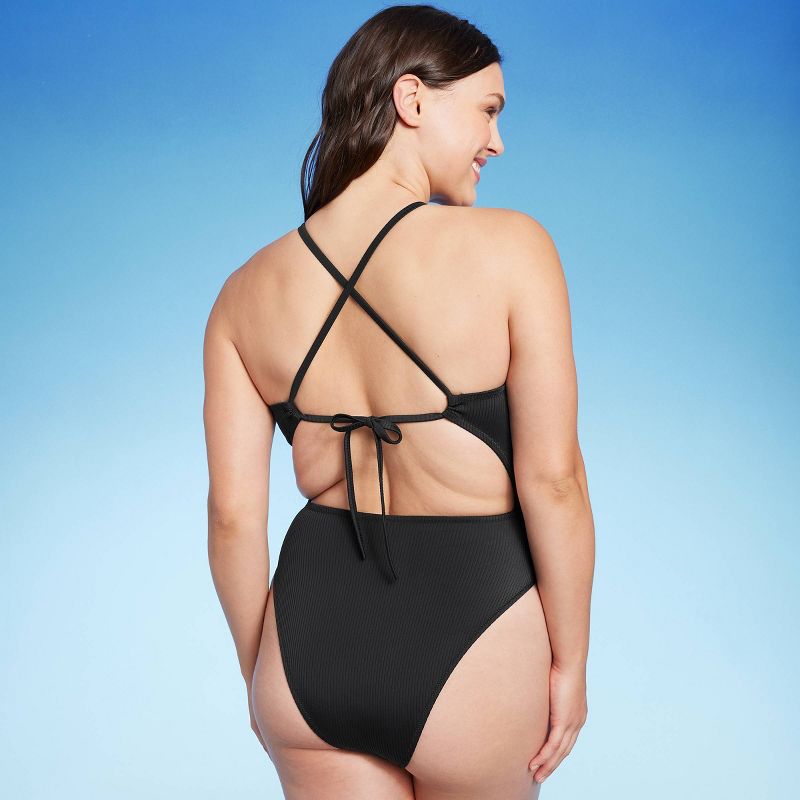 Women's Ribbed Plunge Front Cut Out One Piece Swimsuit - Shade & Shore™, 4 of 9