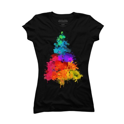 Junior's Design By Humans Colorful Christmas Tree By DesignReadyStore T-Shirt