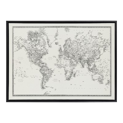 Vintage Black and White World Map Framed Canvas Art, 28x38