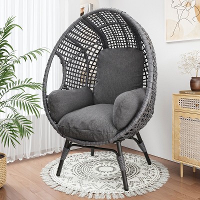 Outdoor PE Rattan Gray Upholstered Lounge Egg Chair,Grid Style Wicker Basket Swing Chair With Metal Frame For Patio Living Room-Coolbibila