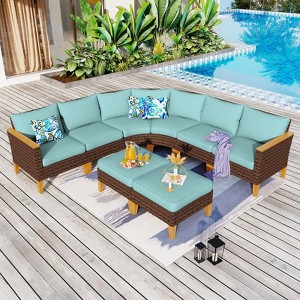 Captiva Designs 8pc Outdoor Wicker Rattan Patio Half-Moon Curved Sectional Sofa Set with Cushioned Ottoman - 1 of 4
