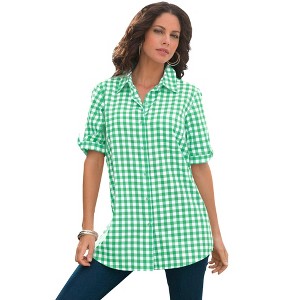 Roaman's Women's Plus Size French Check Big Shirt - 1 of 4
