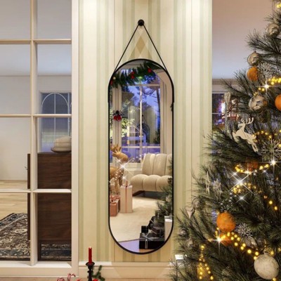HOMLUX 16"x48" Oval Pill Full Length Mirror Decorative Wall Hanging Mirror Bathroom Entryway,Black/Gold