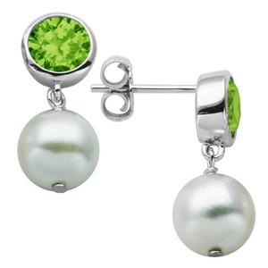 Sterling Silver Genuine White Pearl and Genuine Bezel Set Peridot Post Earrings, Women