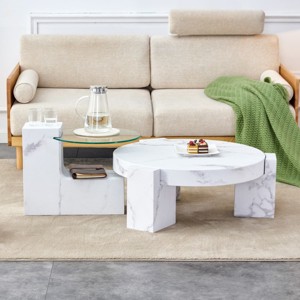 Modern Double Layer Marble Coffee Table with Detachable Glass Top Space Saving Round Table for Living Room Bedroom or Small Spaces-The Pop Home - 1 of 4