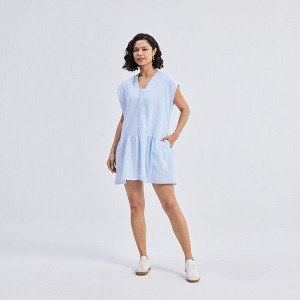 Reistor Women's Oversized V neck Short Dress with Frayed Sleeves - 1 of 4