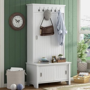 Garvee Modern White Hall Tree with Sliding Doors, Storage Cabinet & Coat Rack ¨C Entryway Bench with Adjustable Shelves, White - 1 of 4