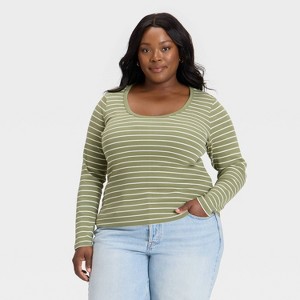 Women's Slim Fit Long Sleeve Scoop Neck Ribbed Pullover T-Shirt - Universal Thread™ Olive Green Striped - 1 of 3