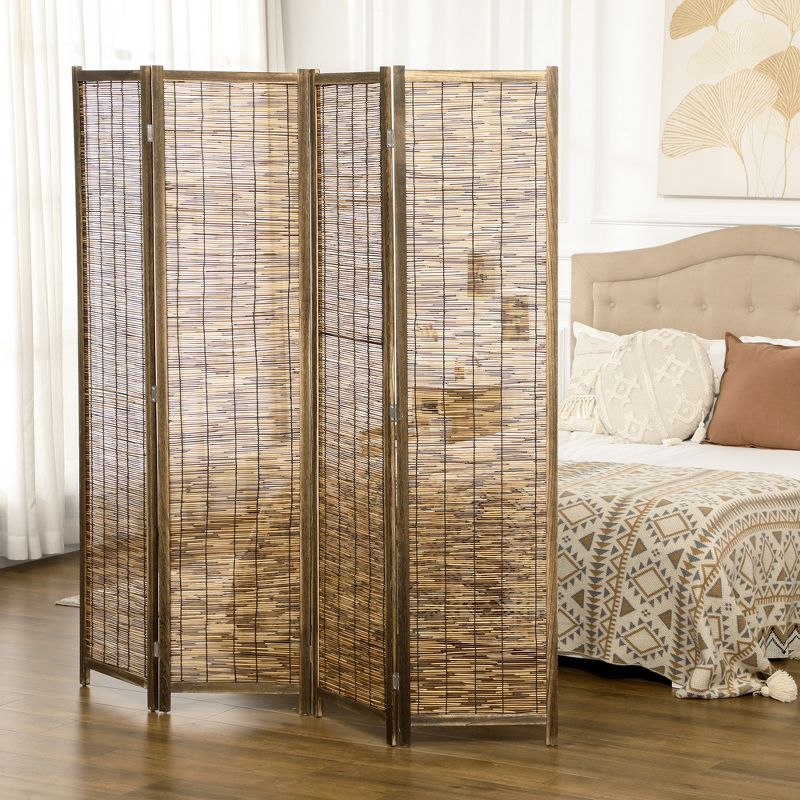 HOMCOM 5.5' Tall Room Divider with Wood & Hand Woven Reed, 4 Panel Folding Privacy Screens, Portable Partition Wall Divider, 2 of 7