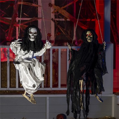 Joyfy 2 Packs 3ft Halloween Hanging Ghosts Outdoor Decor, Scary Grim Reaper Swinging Flying Skeleton with Lighted Up Eyes for Yard Patio Lawn Garden