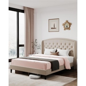 Bed Frame with Headboard – Upholstered Velvet Platform Bed, Rivet Button Tufted, Heavy Duty, No Box Spring - 1 of 4