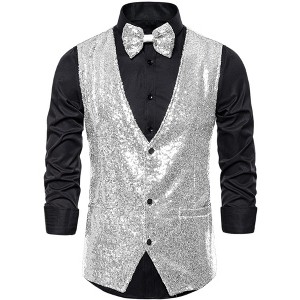 Lars Amadeus Men's Sequin Shiny Slim Fit Sleeveless Suit Waistcoat Set with Bow Tie - 1 of 4
