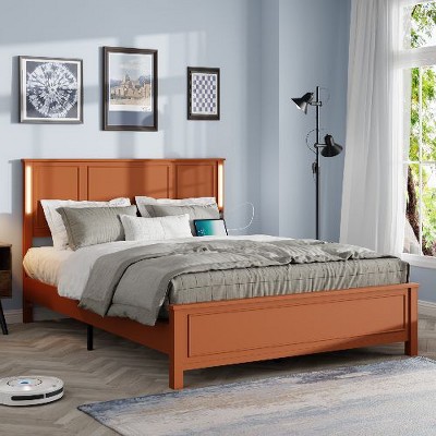 CAVINAS Queen Size Bed Frame, Platform Bed Frame with Wood Headboard and Footboard, Charging Station and LED Lights
